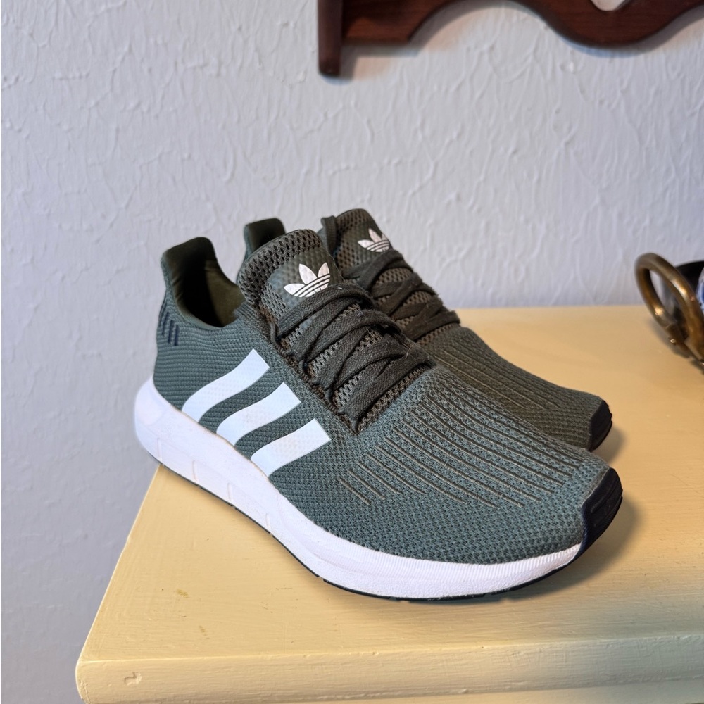 *Sold* Adidas Olive Green Knit Sneakers with White Stripe Accents